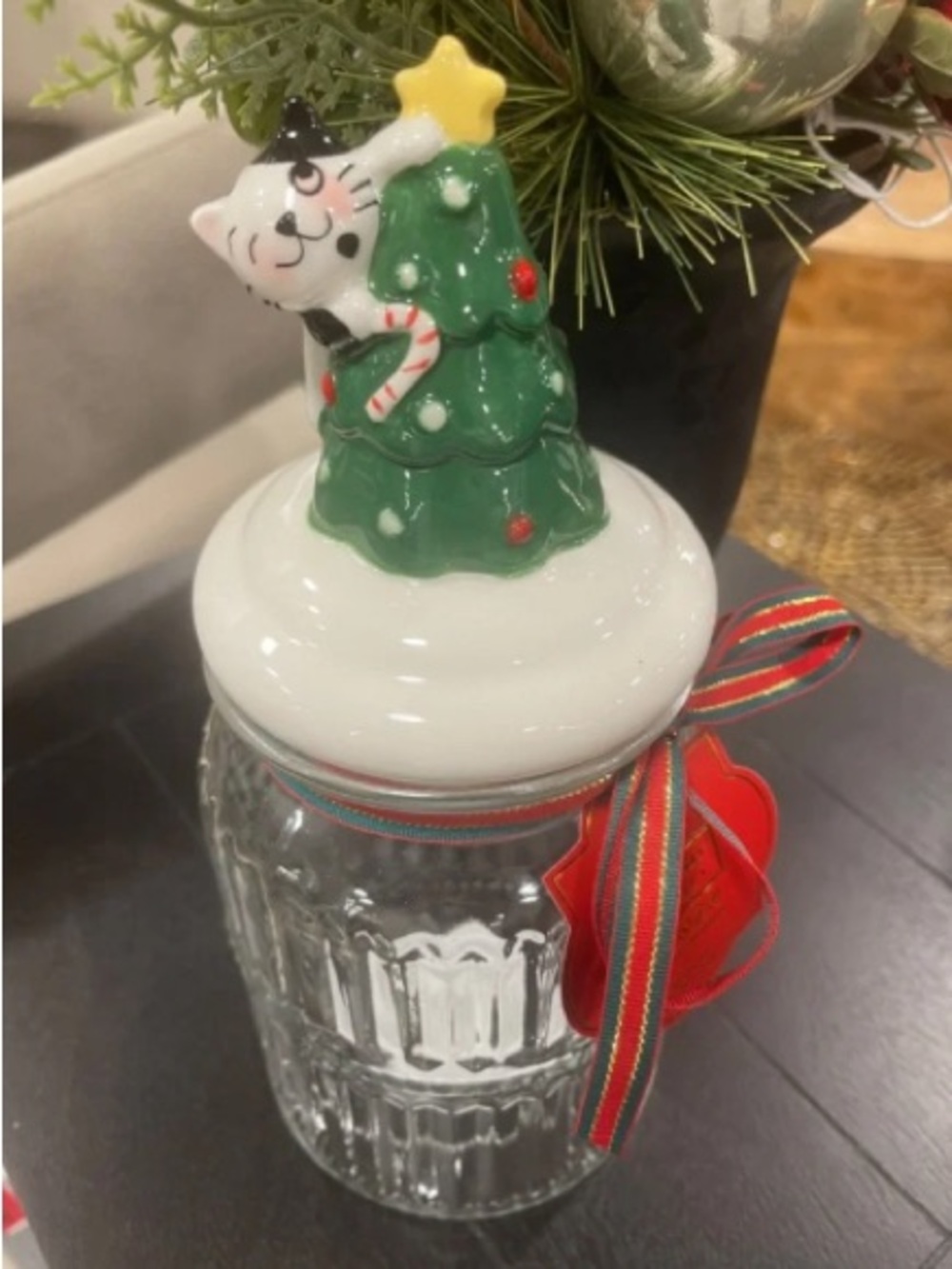 Festive Glass Jar with Green Christmas Tree Lid and Cat Accent